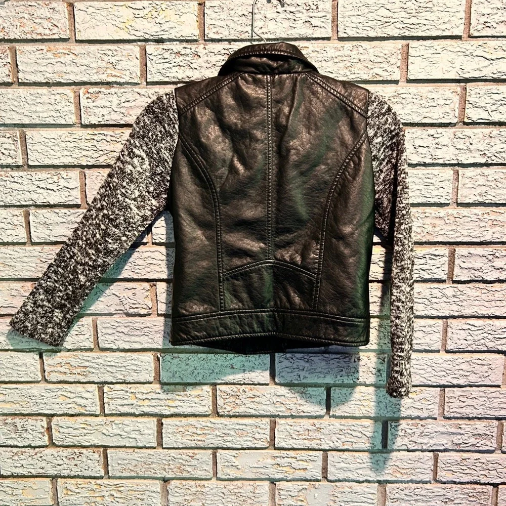 Justice Girls Black Faux Leather Moto Jacket Marled Knit Sleeves Size M 10/12